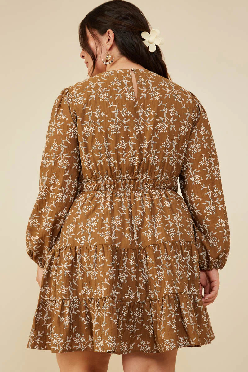 Notch Detail Long Sleeve Floral Dress Plus Size