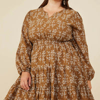 Notch Detail Long Sleeve Floral Dress Plus Size