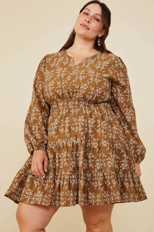 Notch Detail Long Sleeve Floral Dress Plus Size