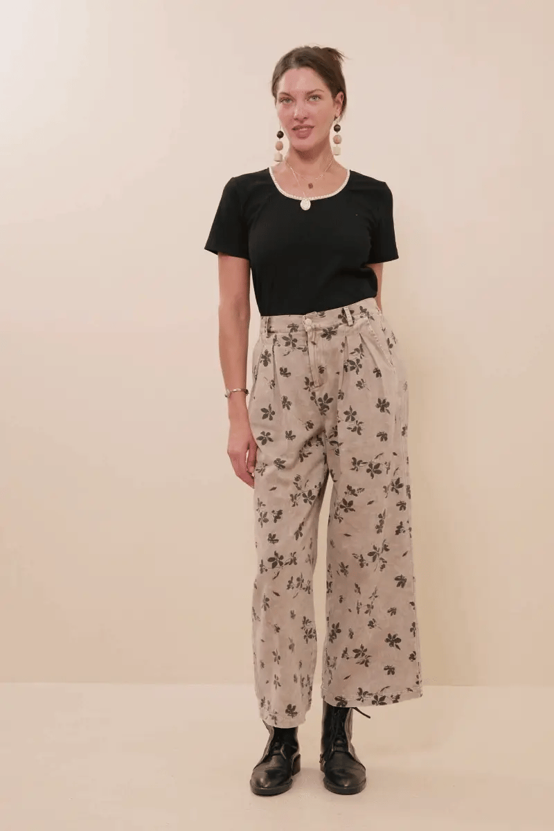 Floral Printed Washed Wide Leg Pants Plus Size