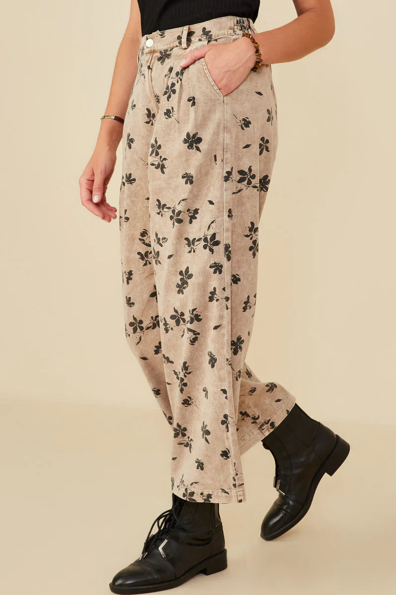 Floral Printed Washed Wide Leg Pants Plus Size