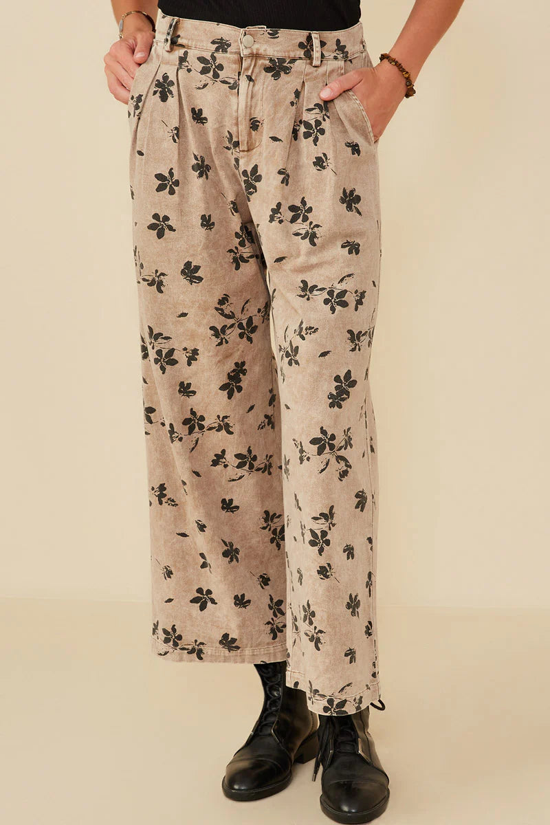 Floral Printed Washed Wide Leg Pants Plus Size