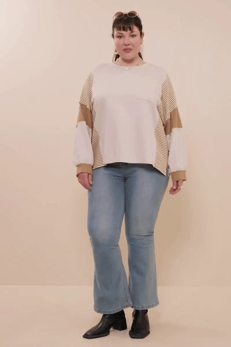 Stripe And Color Block Sleeve Detail Knit Top Plus Size