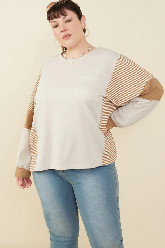 Stripe And Color Block Sleeve Detail Knit Top Plus Size