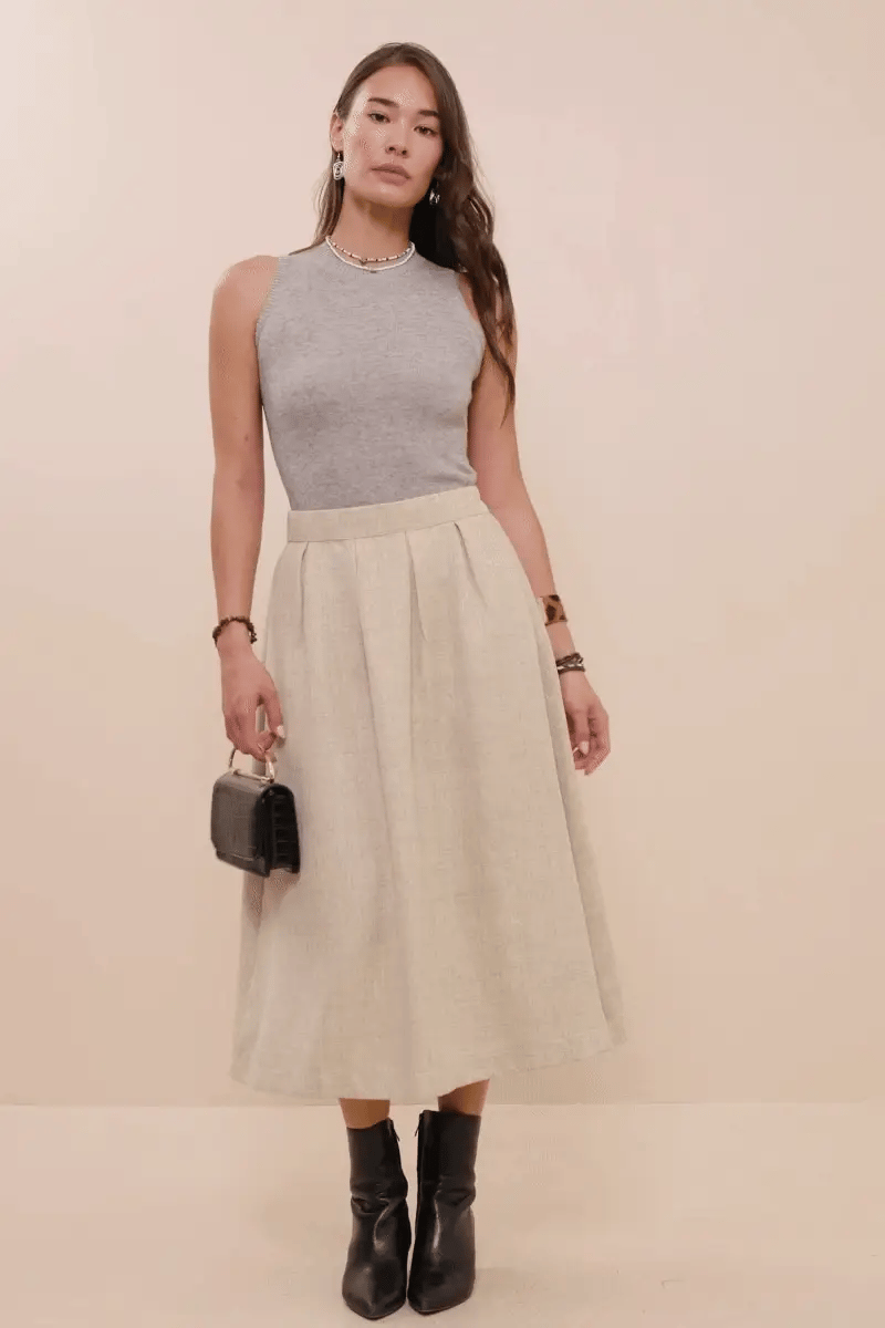 Pleat Detail Heavy Linen Look Skirt
