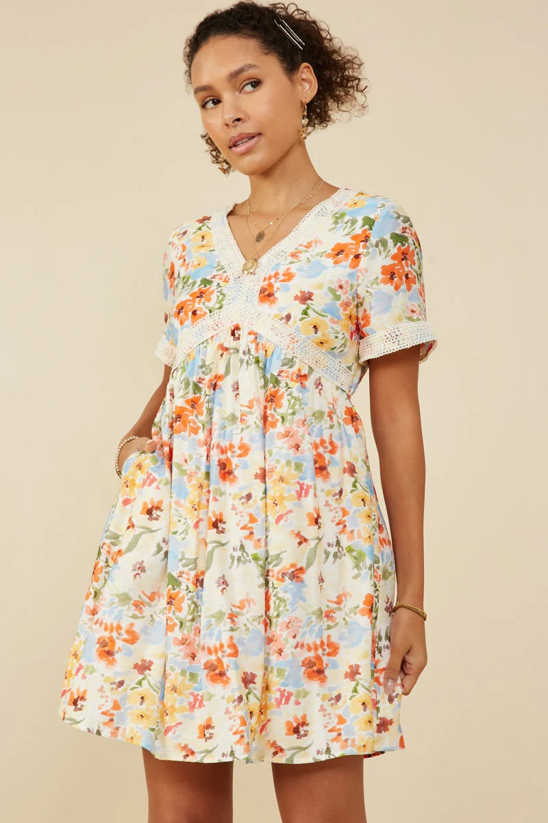Lace Trimmed Floral V Neck Dress