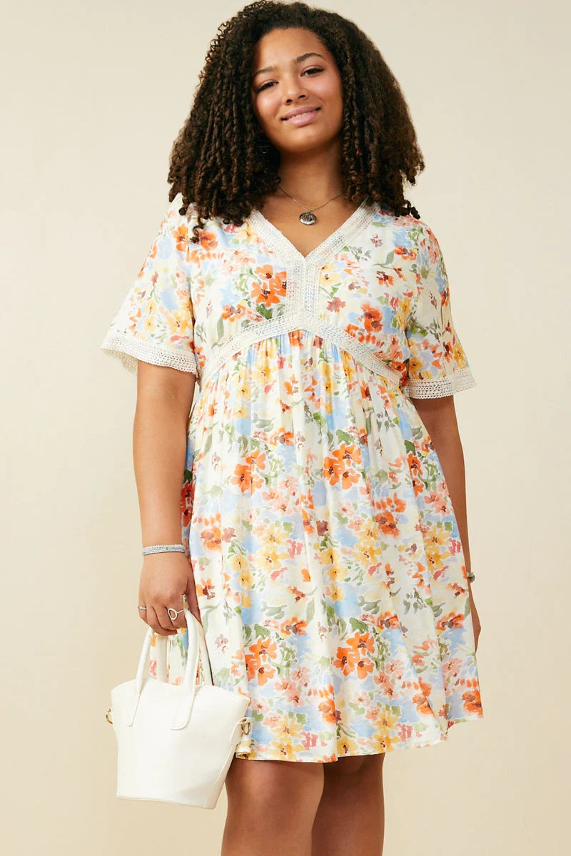 Lace Trimmed Floral V Neck Dress