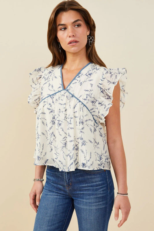 Contrast Piped Textured Floral Ruffle Top