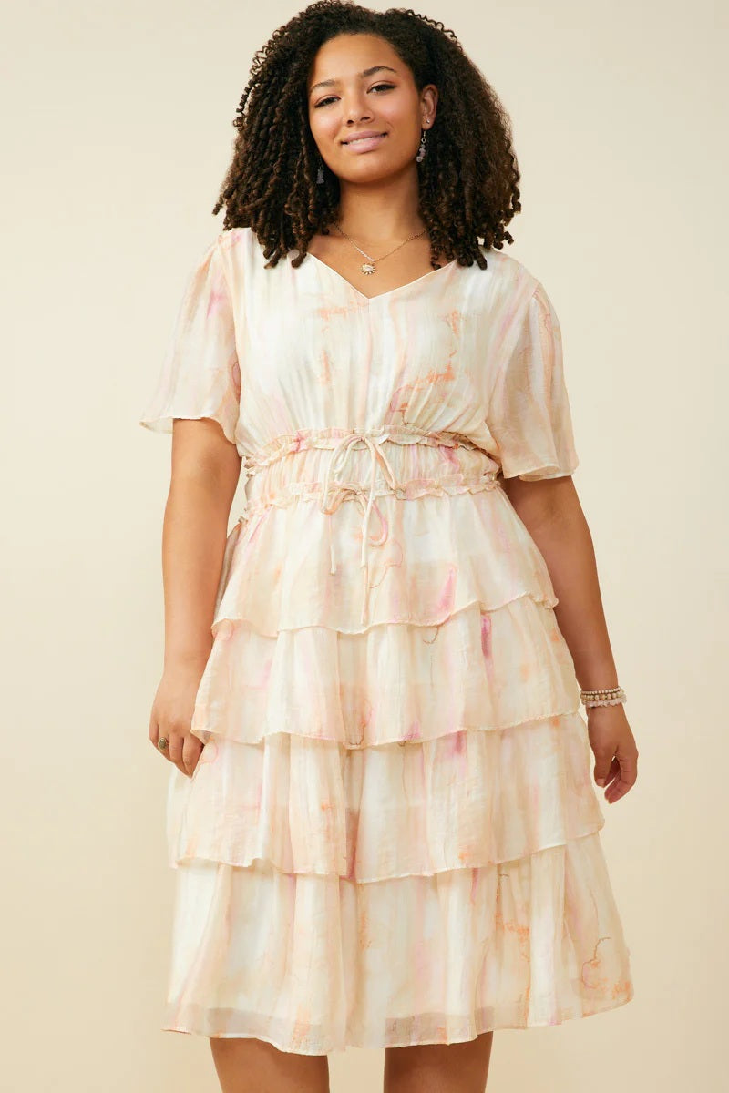 Watercolor Print Tiered Cinch Waist Dress