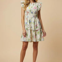Block Floral Smocked Waist Ruffle Tank Dress