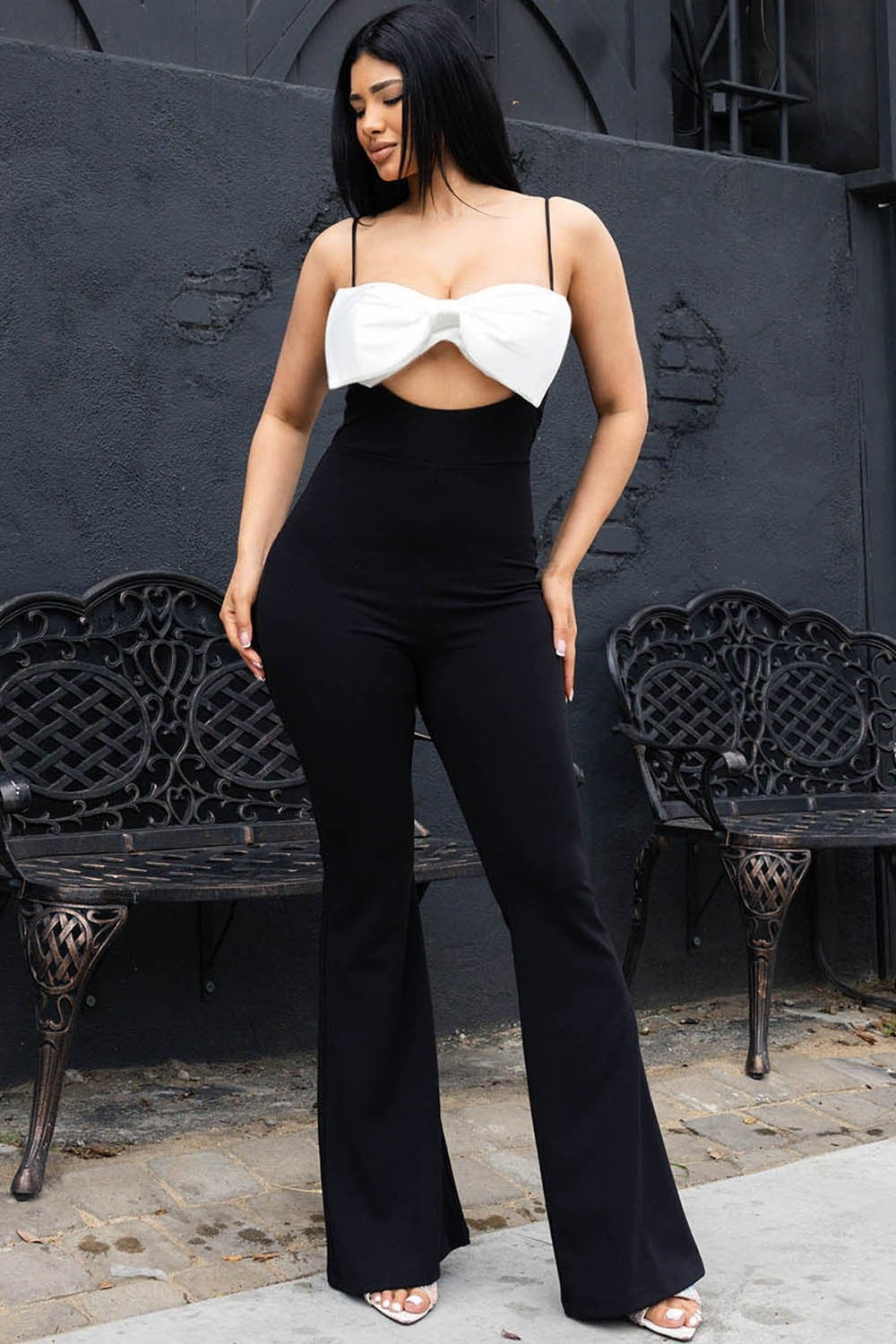 Color Contrast Bow Bust Front Jumpsuit
