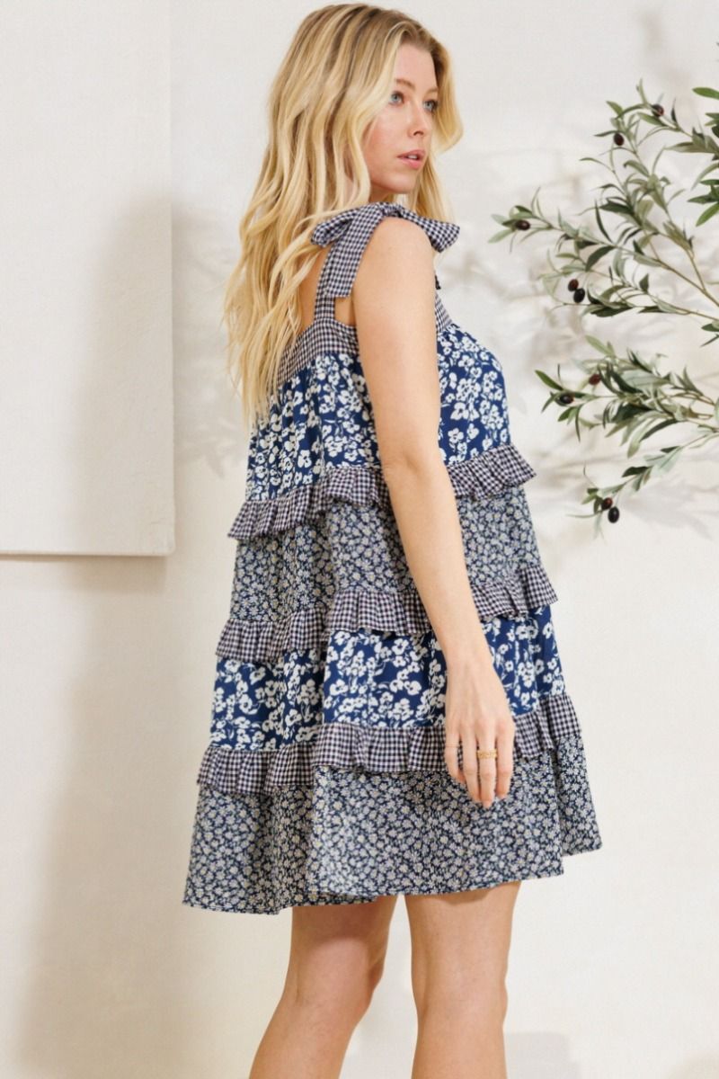 Print Mixed Shoulder Tie Tiered Mini Dress