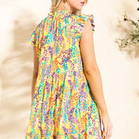 Ruffle Neck Cap Sleeve Floral Leaf Dress