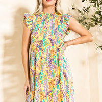 Ruffle Neck Cap Sleeve Floral Leaf Dress