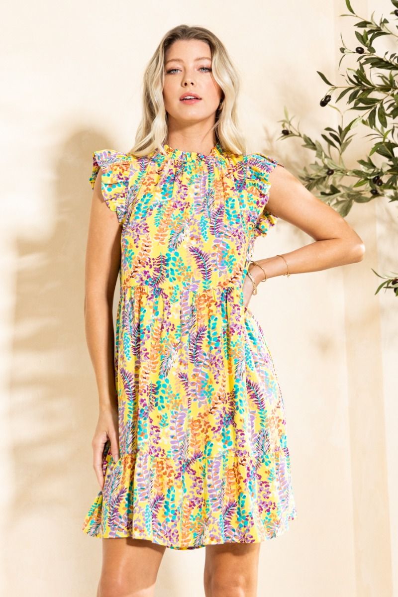 Ruffle Neck Cap Sleeve Floral Leaf Dress