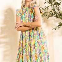 Ruffle Neck Cap Sleeve Floral Leaf Dress