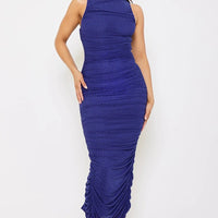 Rhinestone Mock Neck Pleated Long Dress