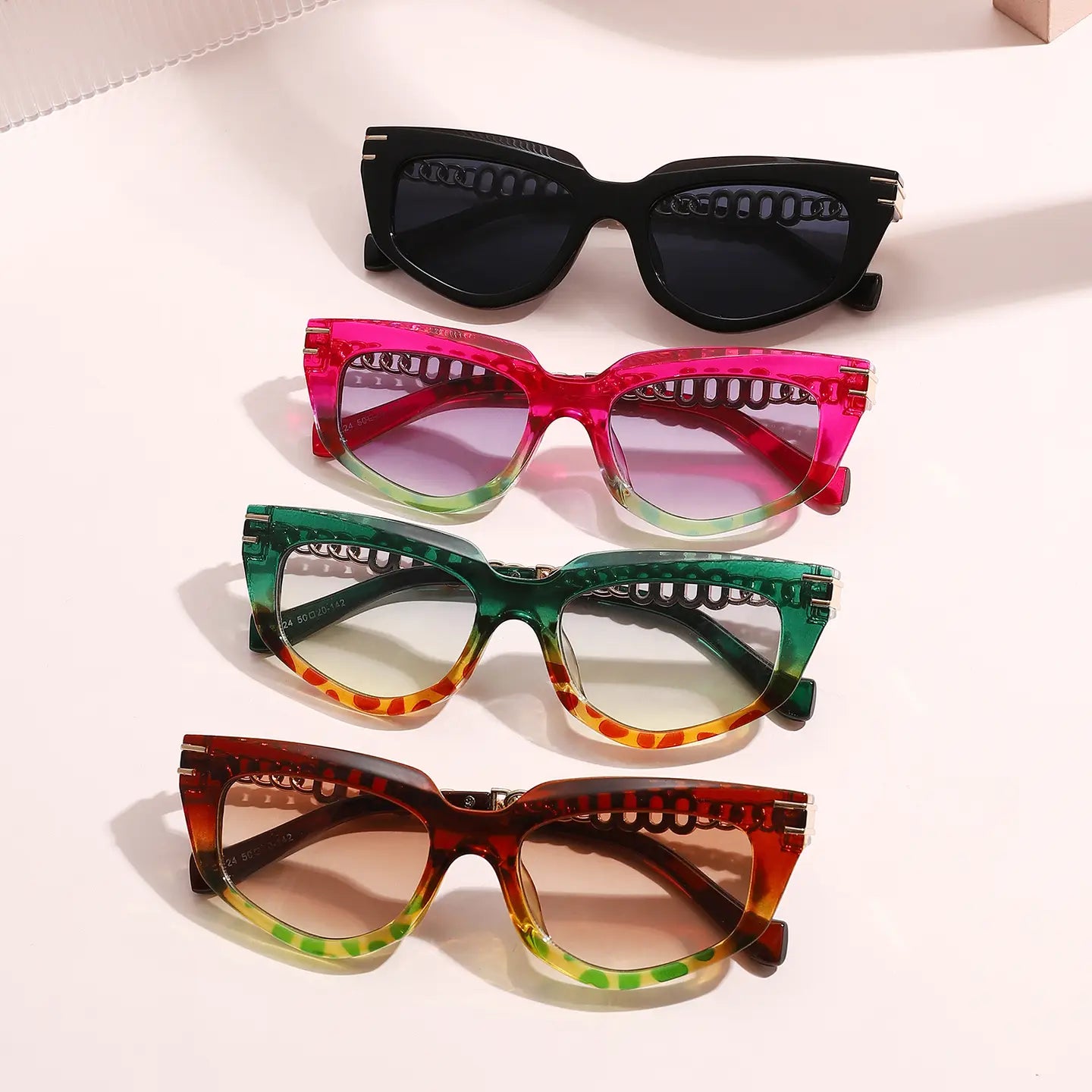 Cat Eye Bold Gold Chain Temples Fashion Sunglasses