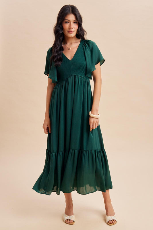 Smocked Washed Satin Midi Dress