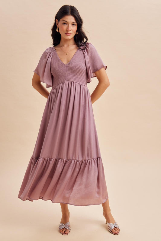 Smocked Washed Satin Midi Dress