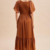 Smocked Washed Satin Midi Dress
