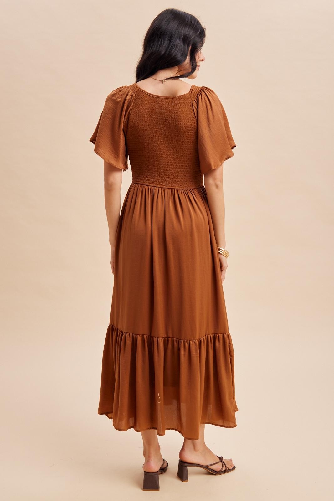 Smocked Washed Satin Midi Dress