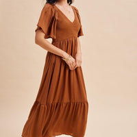 Smocked Washed Satin Midi Dress