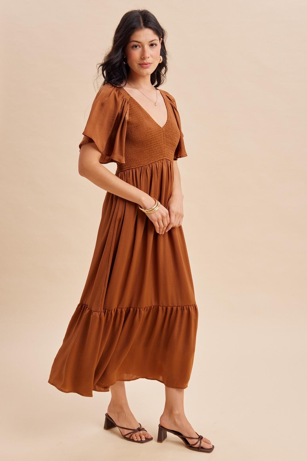 Smocked Washed Satin Midi Dress