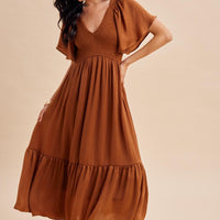 Smocked Washed Satin Midi Dress
