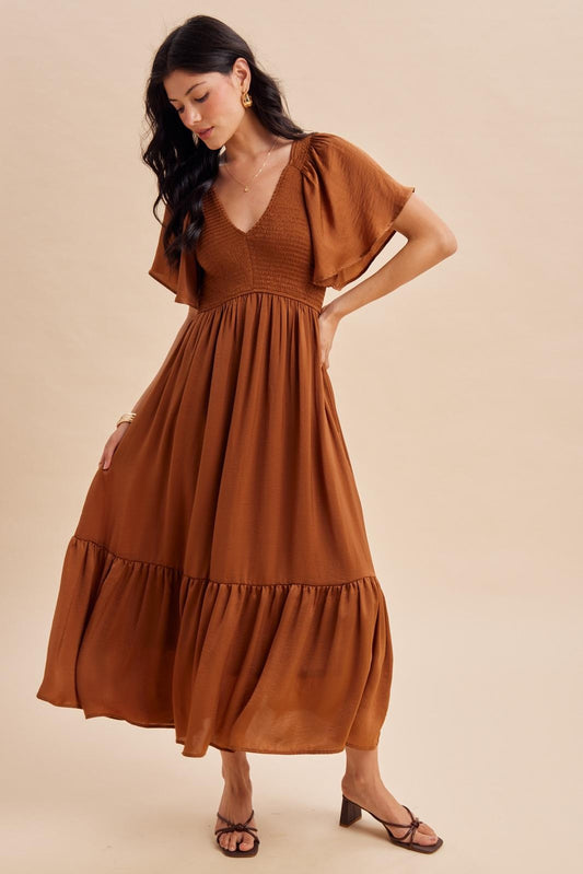 Smocked Washed Satin Midi Dress