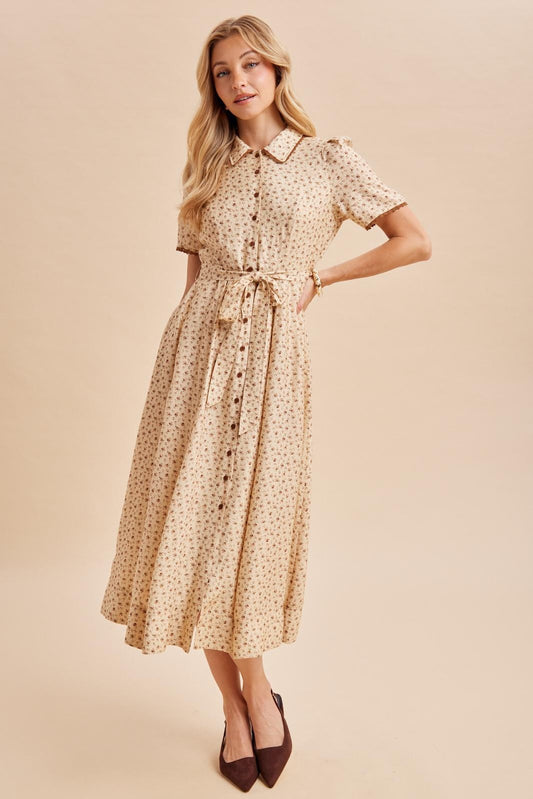 Button Down Tie Waist Maxi Dress