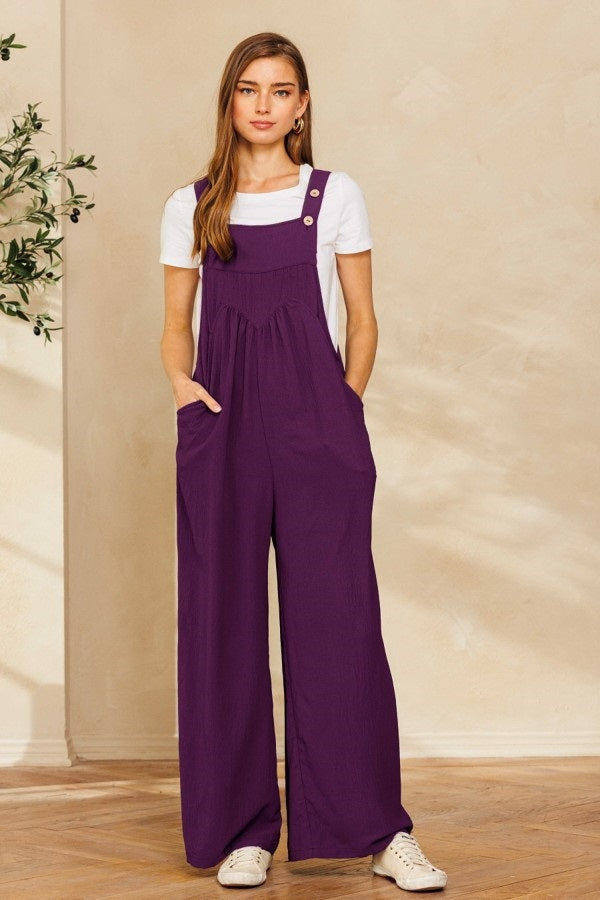 Solid Button Sling Wide Leg Overalls