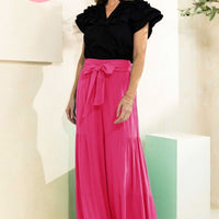 Smocked Tie Waist Tiered Wideleg Pants