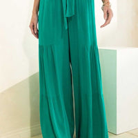 Smoked Tie Waist Tiered Wideleg Pants