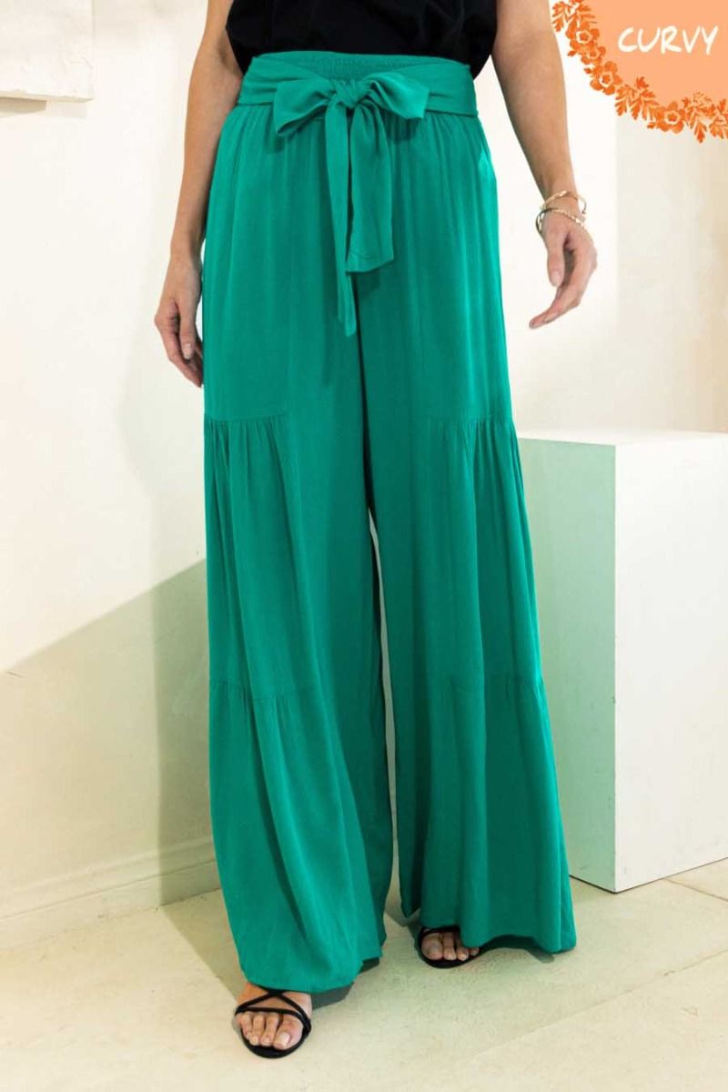 Smoked Tie Waist Tiered Wideleg Pants