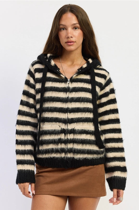Stripe Hooded Zip Up Sweater