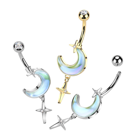 Iridescent Moon With Star Dangle Navel