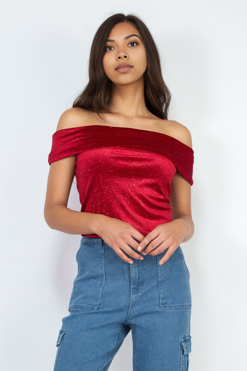 Velvet Glitter Off Shoulder Crop Top