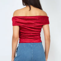 Velvet Glitter Off Shoulder Crop Top