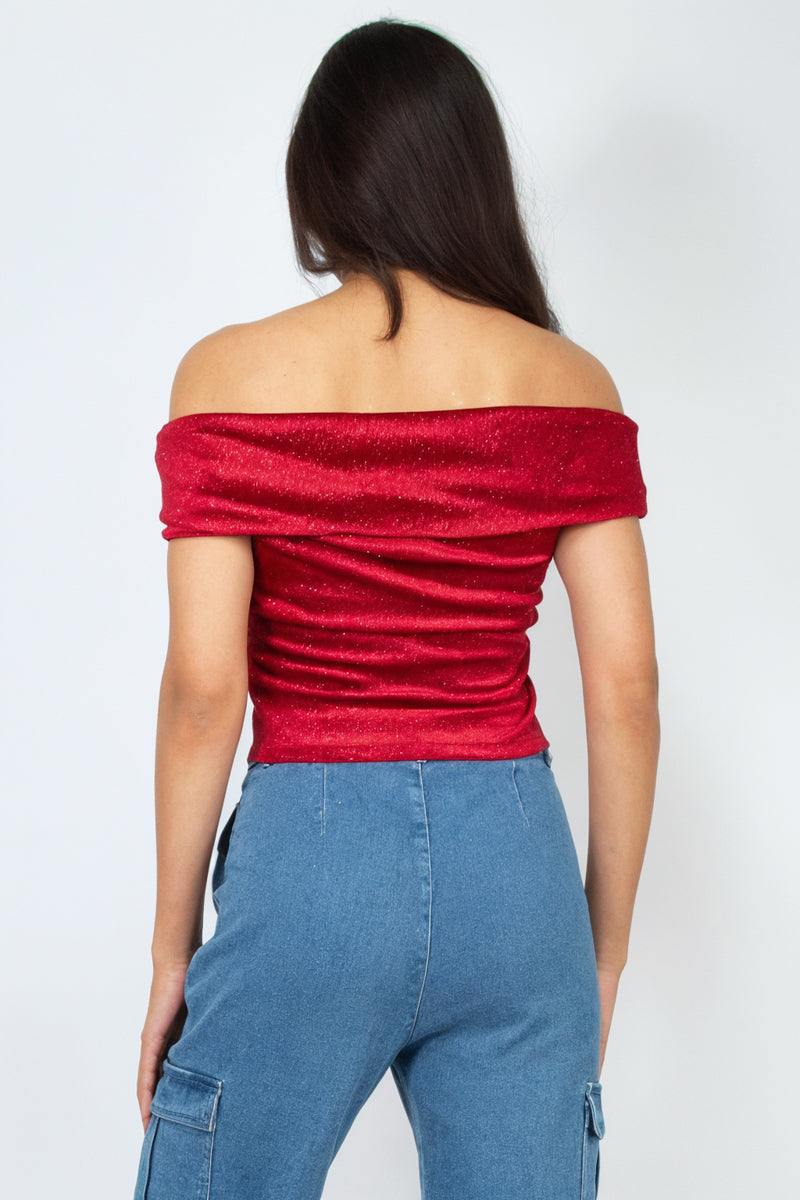 Velvet Glitter Off Shoulder Crop Top