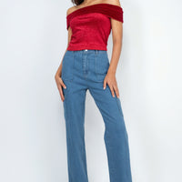 Velvet Glitter Off Shoulder Crop Top