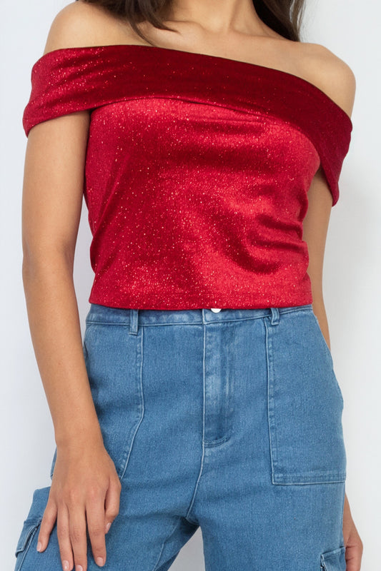 Velvet Glitter Off Shoulder Crop Top