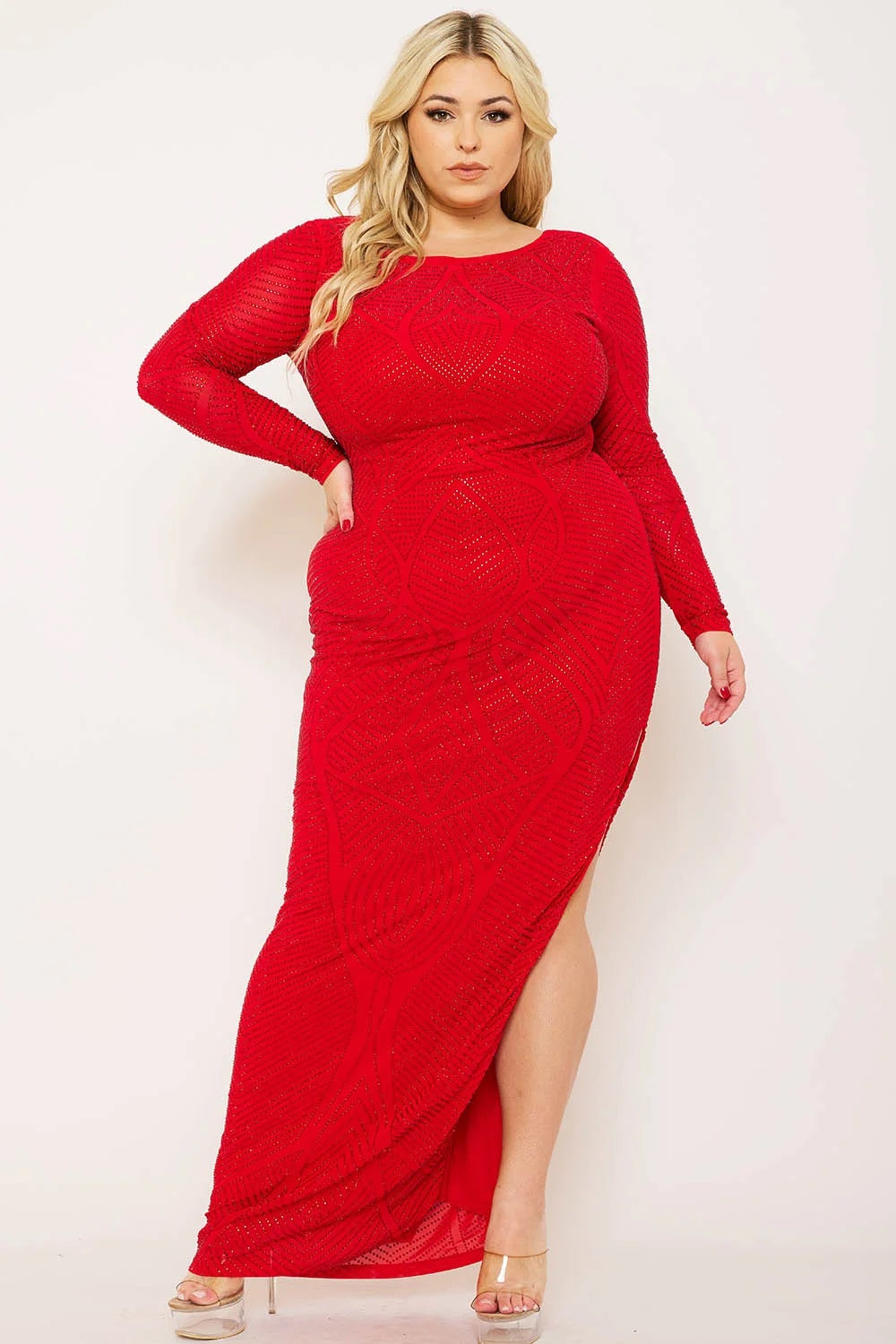 Patterned Rhinestone Plus Size Maxi Dress