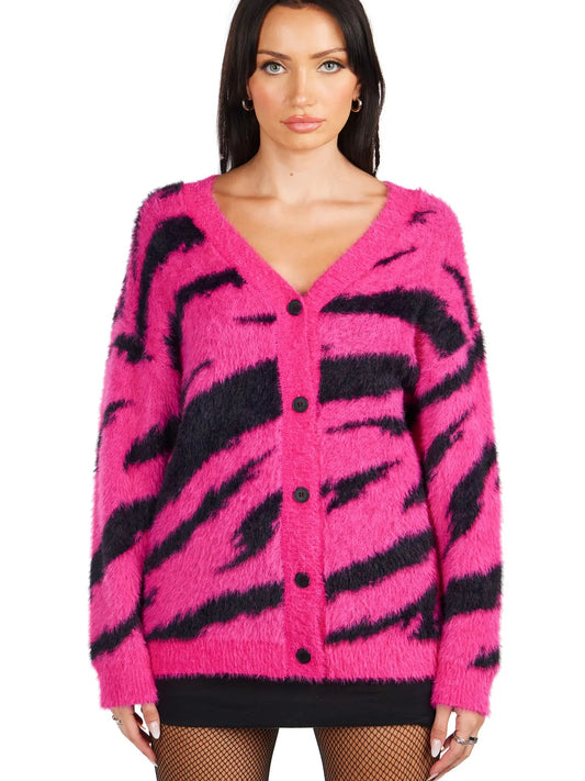 Pink Electric Fuzzy Knit Cardigan