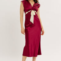 Satin Lace Midi Dress With Contrast Bow