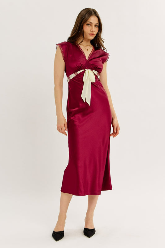 Satin Lace Midi Dress With Contrast Bow