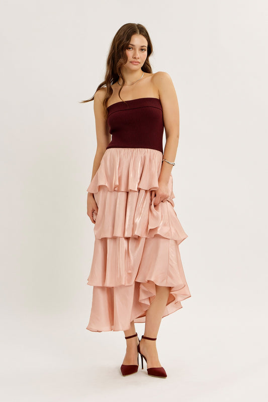 Designed To Shine Strapless Tiered Midi Dress With Glossy Shine