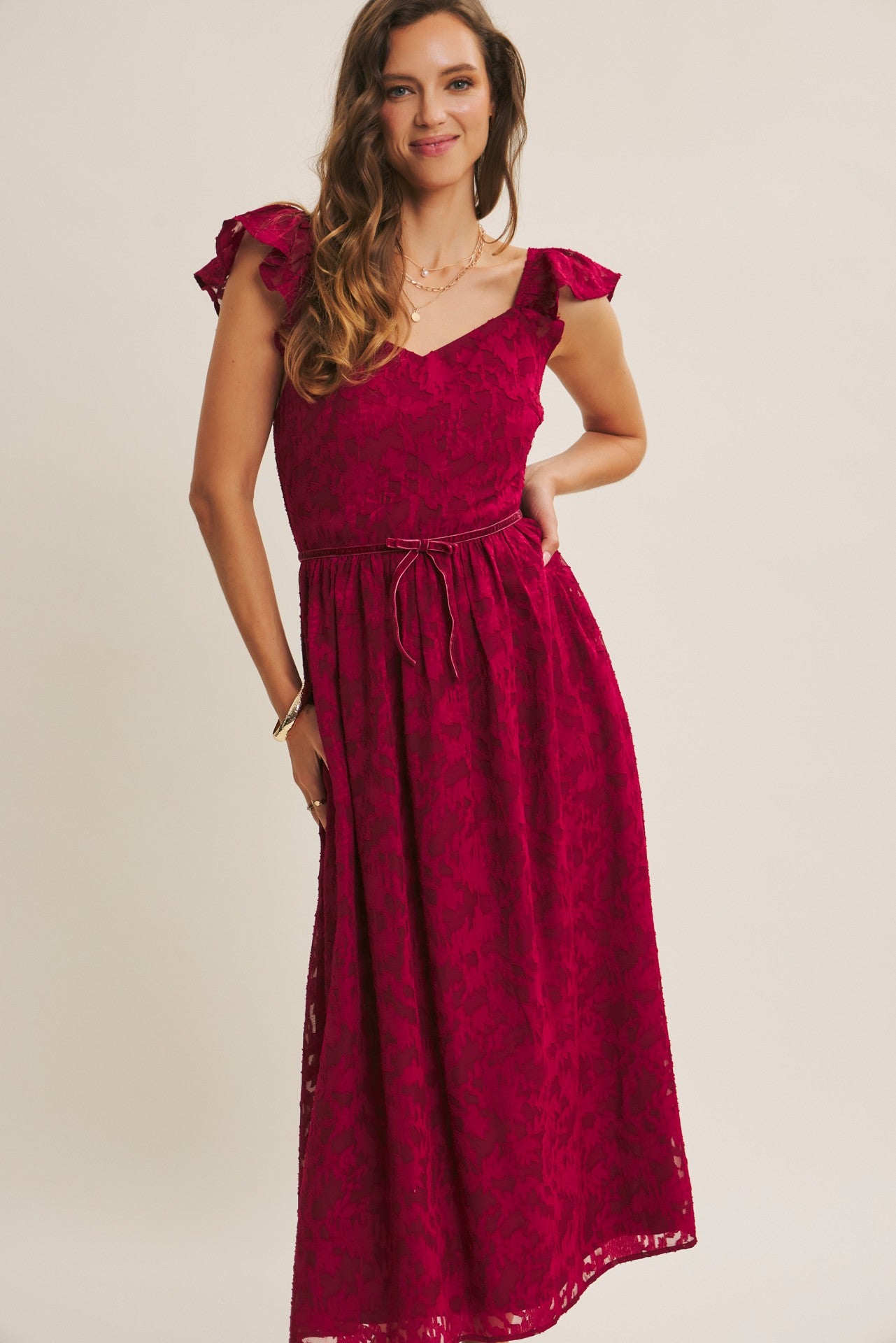 Velvet Waist Jacquard Midi Dress