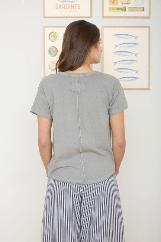 Round Neck Short Sleeve Exposed Seam Knit Top