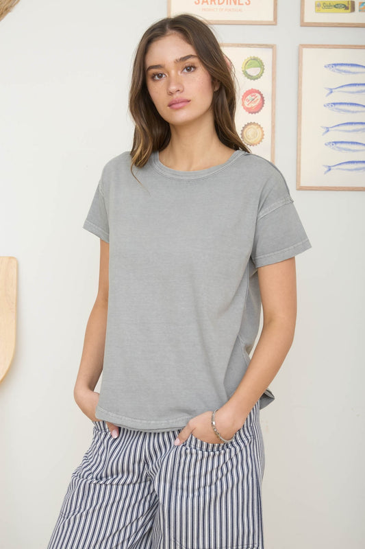 Round Neck Short Sleeve Exposed Seam Knit Top